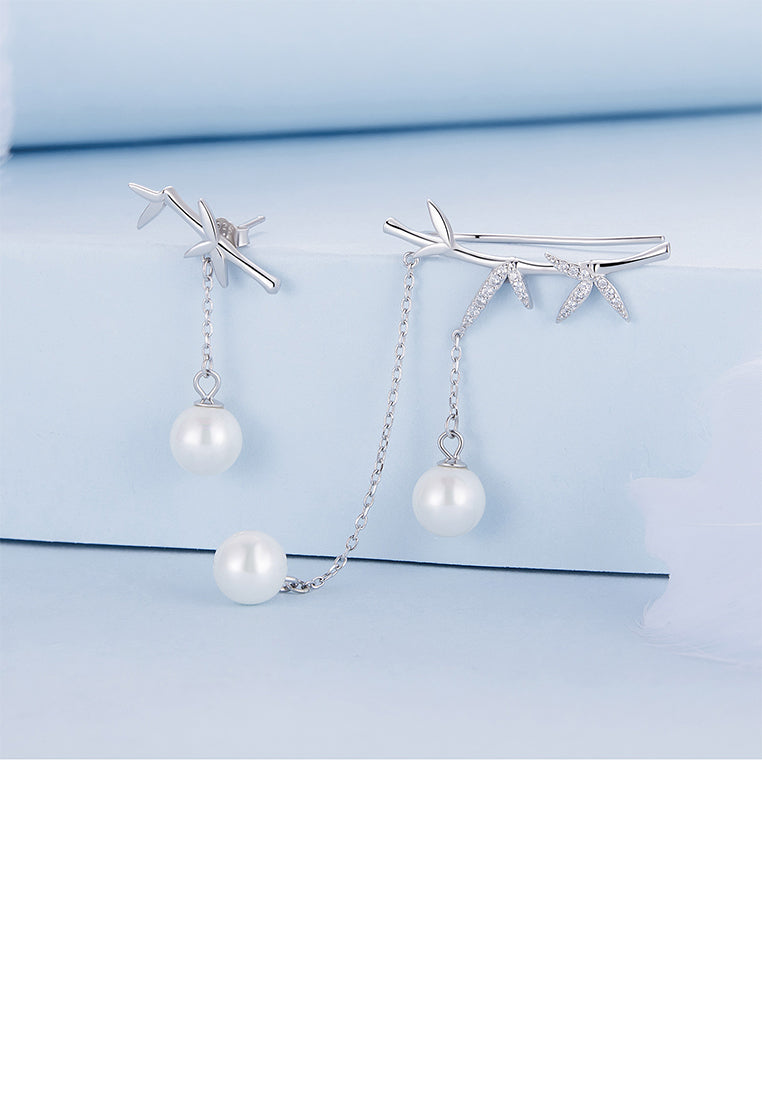 925 Sterling Silver Fashion Elegant Bamboo Tassel Imitation Pearl Earrings with Cubic Zirconia - Luxurious Look