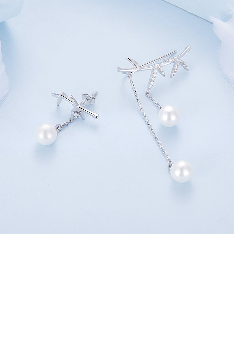 925 Sterling Silver Fashion Elegant Bamboo Tassel Imitation Pearl Earrings with Cubic Zirconia - Luxurious Look