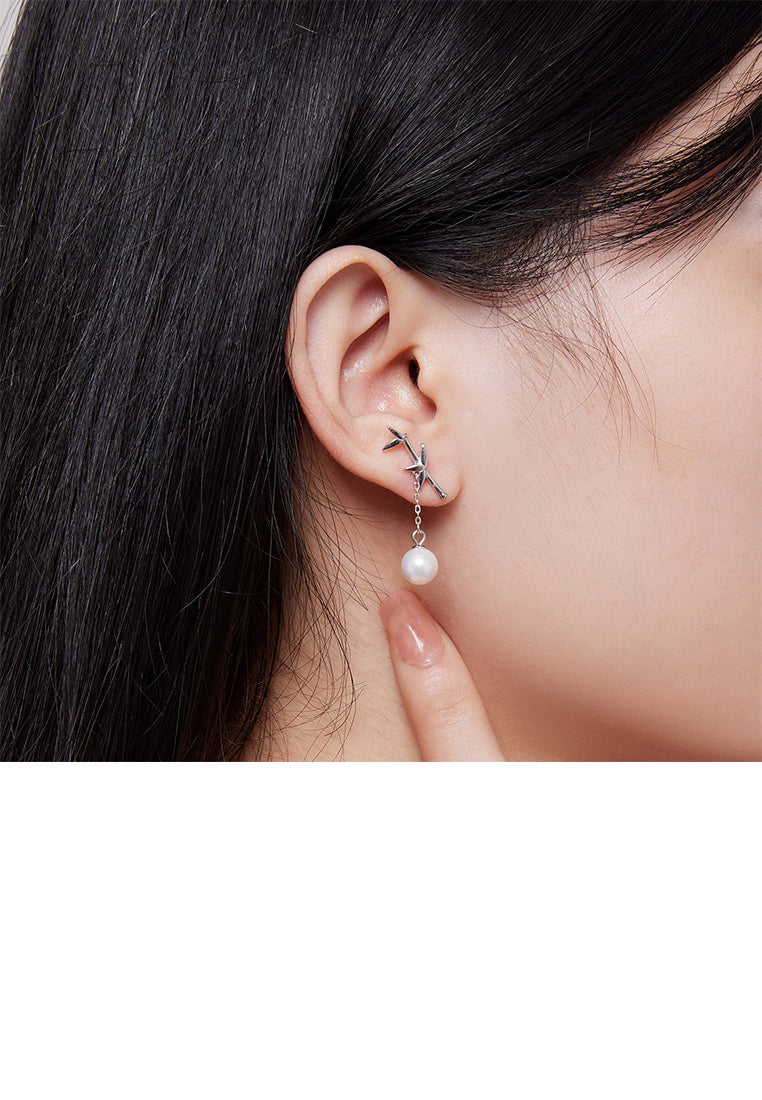 925 Sterling Silver Fashion Elegant Bamboo Tassel Imitation Pearl Earrings with Cubic Zirconia - Luxurious Look
