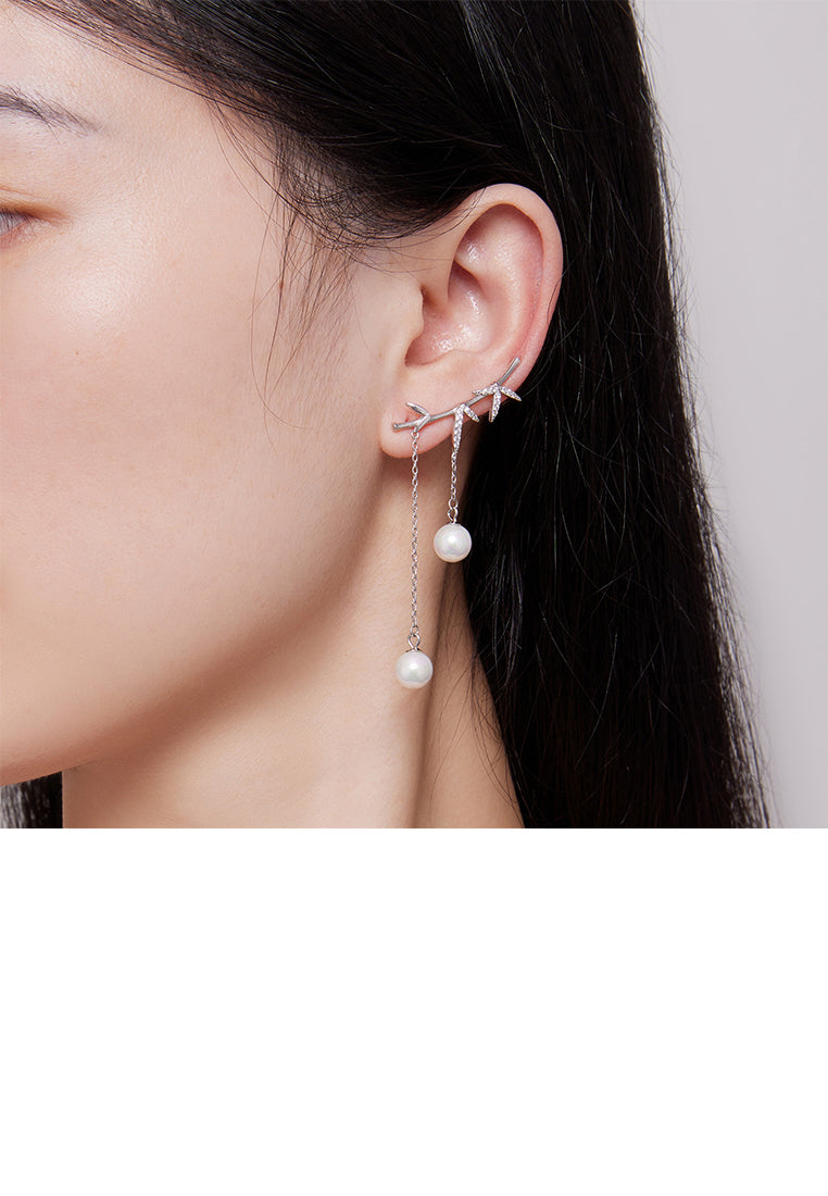 925 Sterling Silver Fashion Elegant Bamboo Tassel Imitation Pearl Earrings with Cubic Zirconia - Luxurious Look