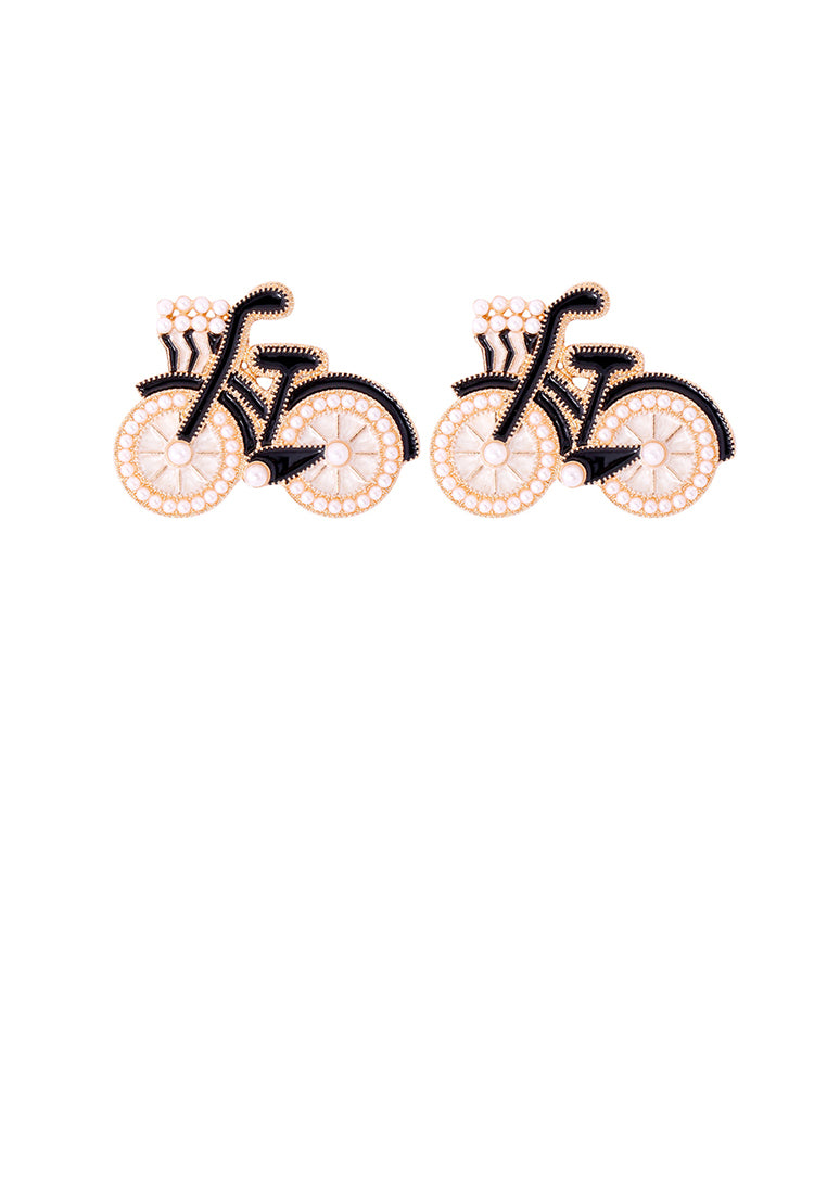 Fashion and Creative Plated Gold Enamel Black Bicycle Stud Earrings with Imitation Pearls