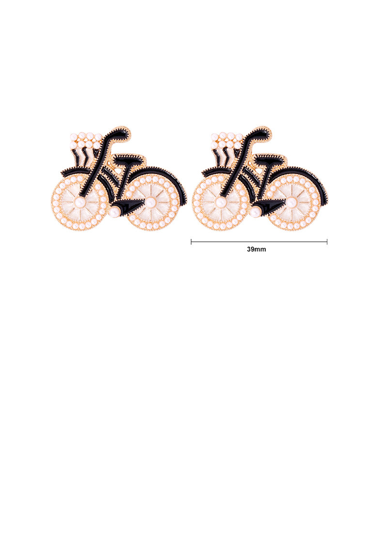 Fashion and Creative Plated Gold Enamel Black Bicycle Stud Earrings with Imitation Pearls