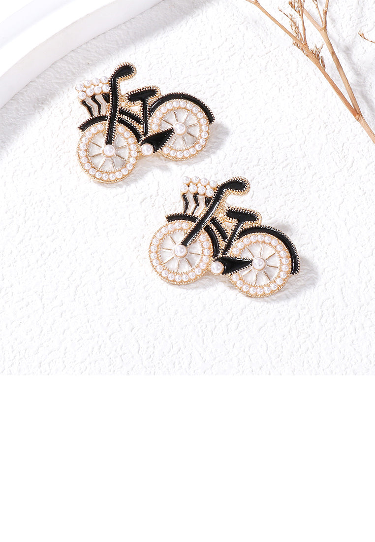 Fashion and Creative Plated Gold Enamel Black Bicycle Stud Earrings with Imitation Pearls