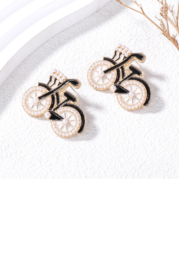 Fashion and Creative Plated Gold Enamel Black Bicycle Stud Earrings with Imitation Pearls