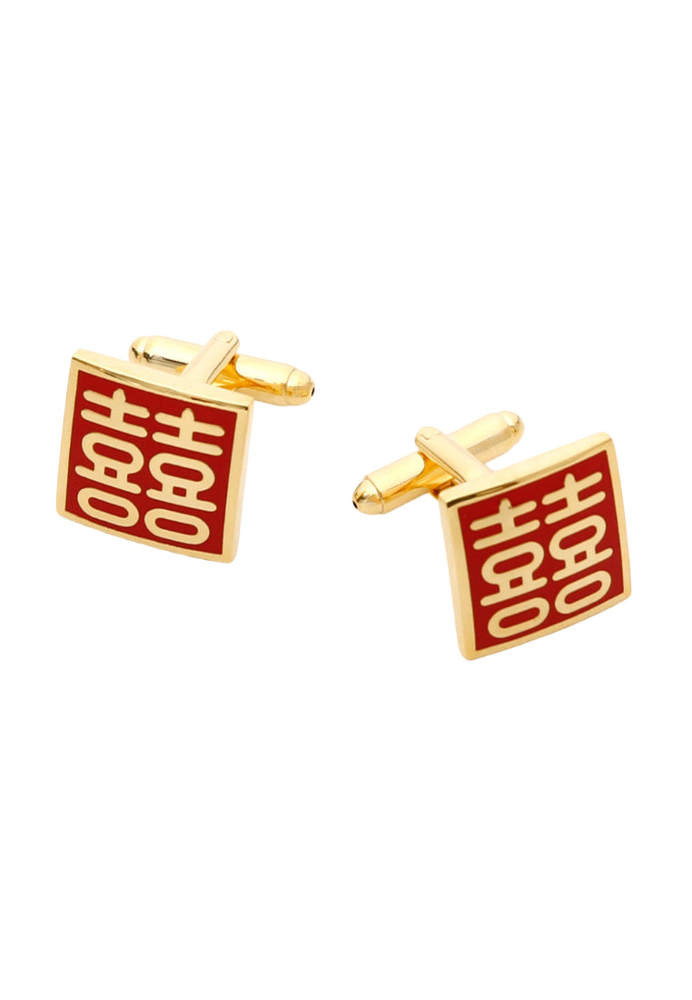 Men's Cufflinks Square Red Background Gold Double Happiness Wedding Shirt Festive Accessories Pair