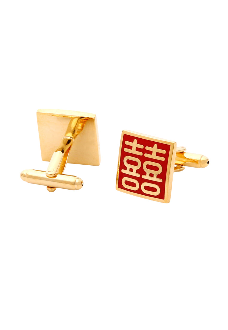 Men's Cufflinks Square Red Background Gold Double Happiness Wedding Shirt Festive Accessories Pair