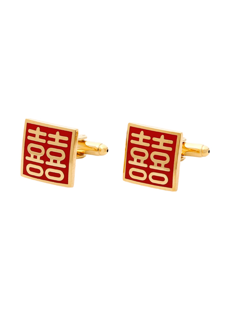 Men's Cufflinks Square Red Background Gold Double Happiness Wedding Shirt Festive Accessories Pair