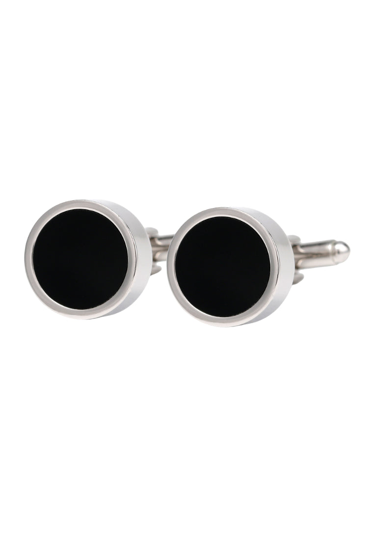 Pair Of Classic Simple Black French Round Copper Silver Men's Cufflinks Jewelry
