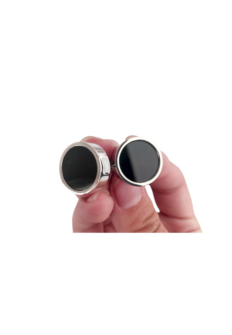 Pair Of Classic Simple Black French Round Copper Silver Men's Cufflinks Jewelry