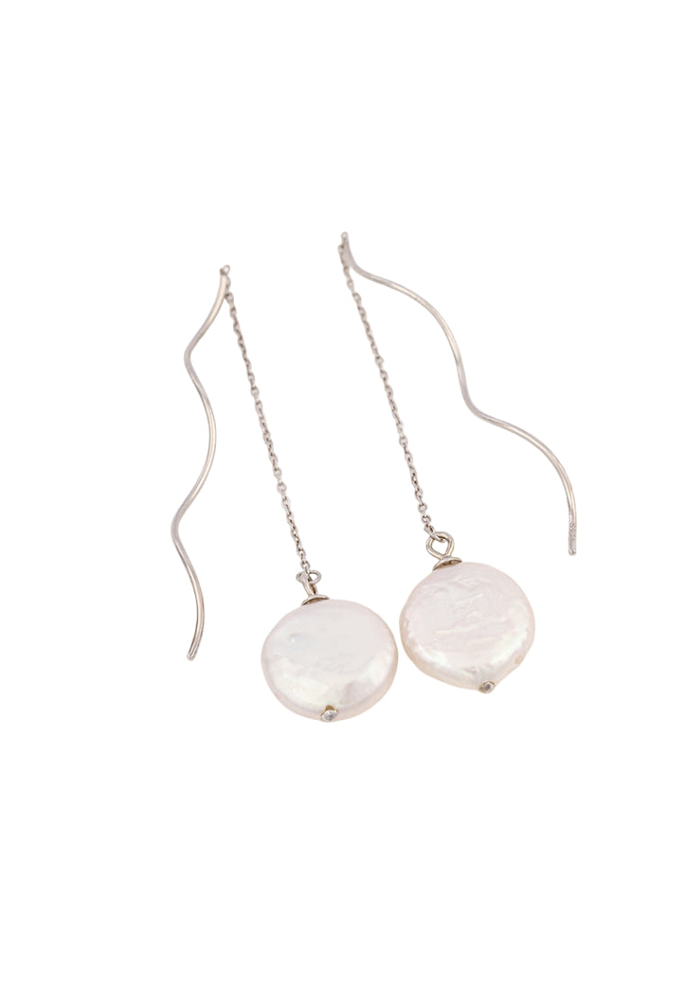 S925 silver button baroque earrings, fashionable and simple specialshaped pearl long wave earrings