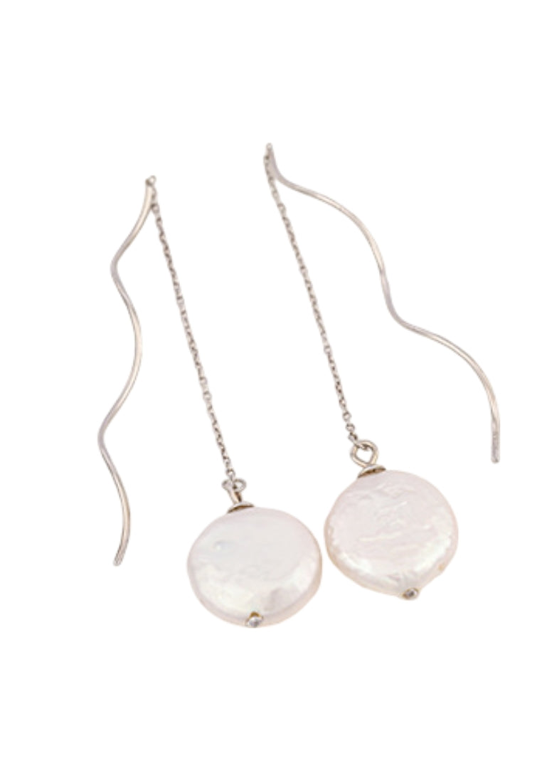 S925 silver button baroque earrings, fashionable and simple specialshaped pearl long wave earrings