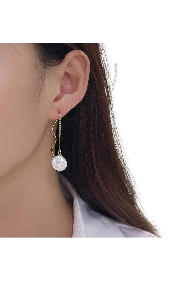 S925 silver button baroque earrings, fashionable and simple specialshaped pearl long wave earrings
