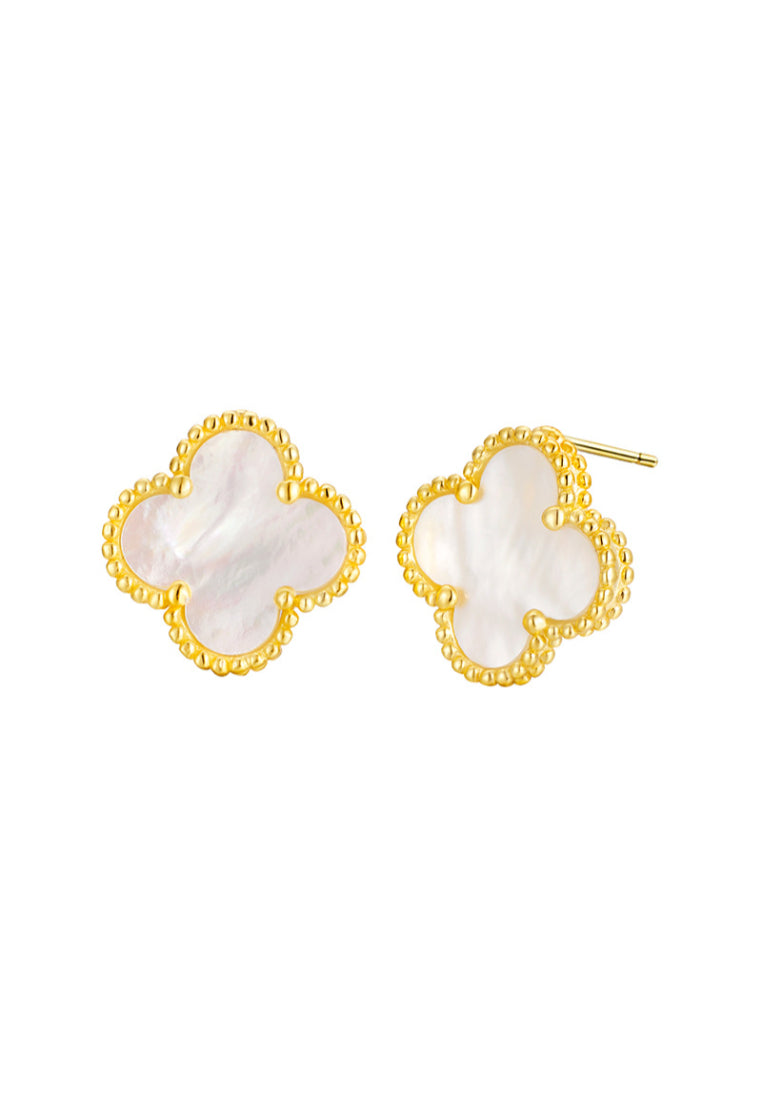 Classic Clover 925 Silver Shell Pearl Stud Earrings with Gold Finish