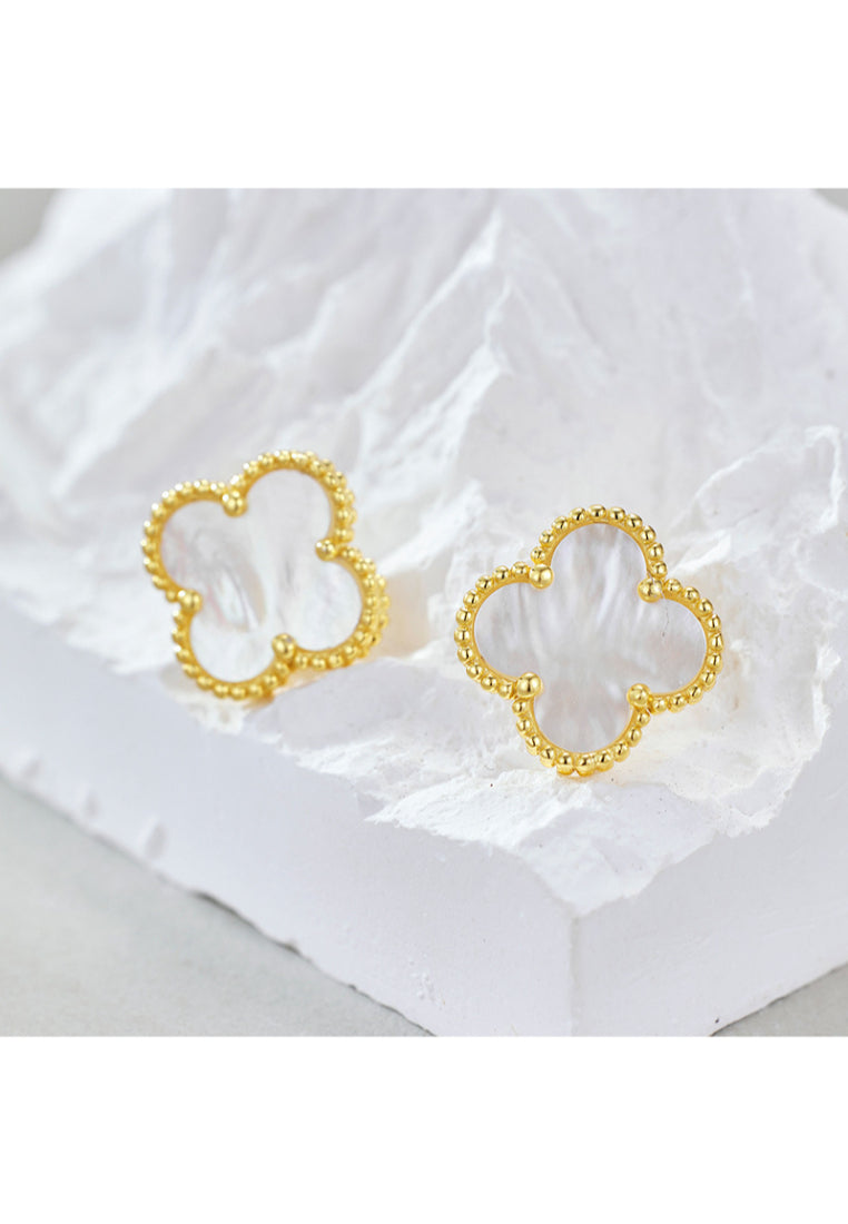 Classic Clover 925 Silver Shell Pearl Stud Earrings with Gold Finish
