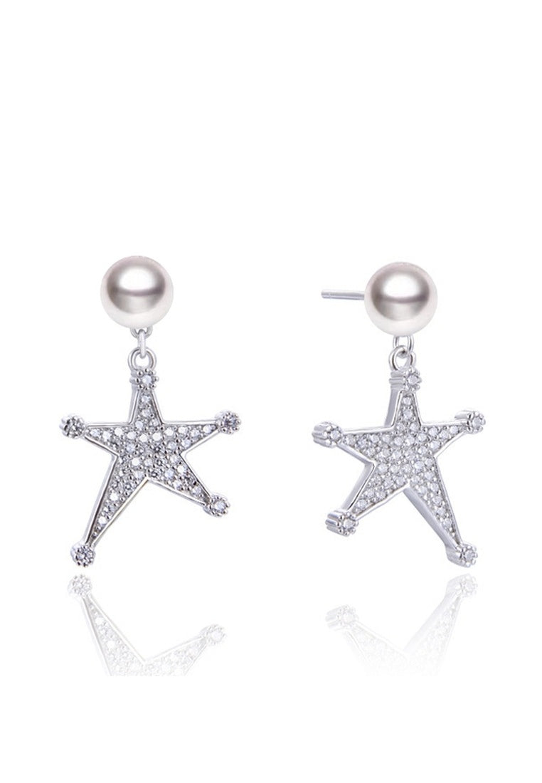 Sterling Silver Zircon Beads Pentagram Stud Earrings
