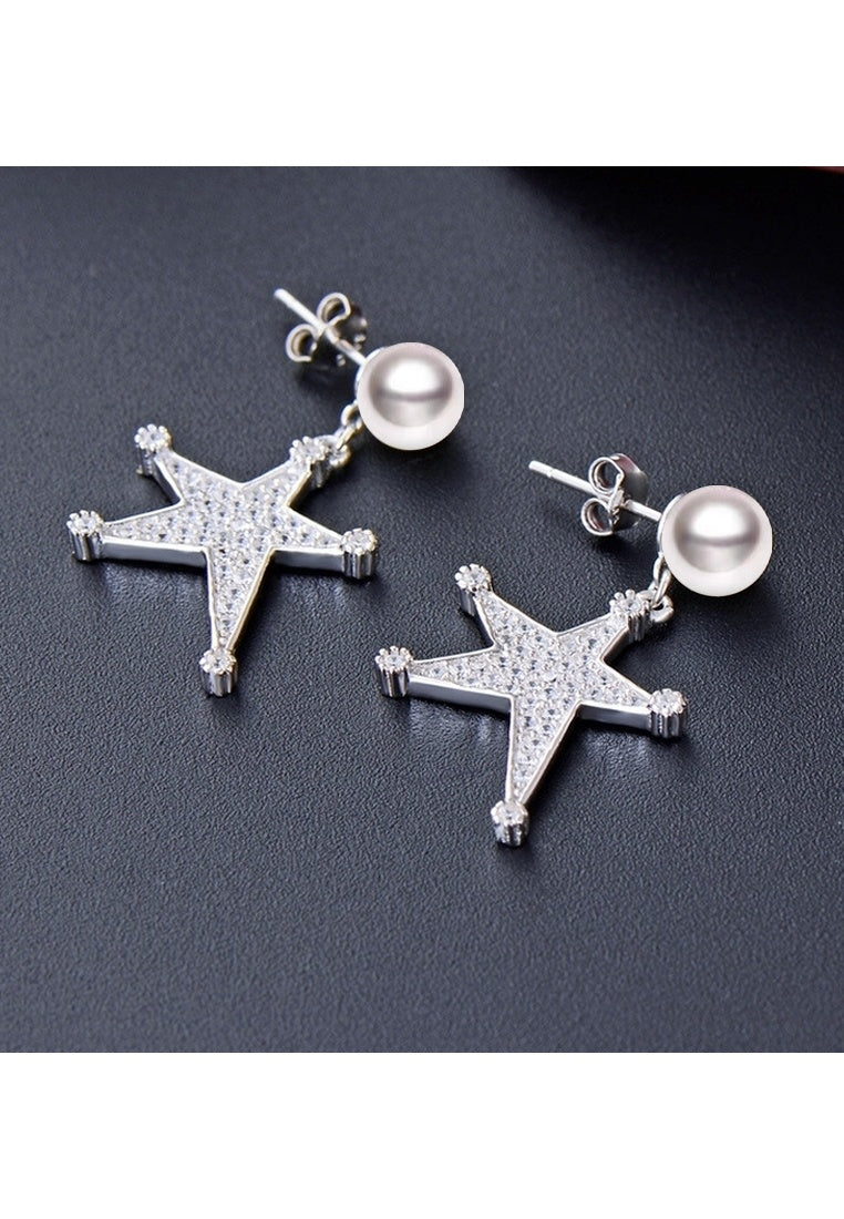 Sterling Silver Zircon Beads Pentagram Stud Earrings