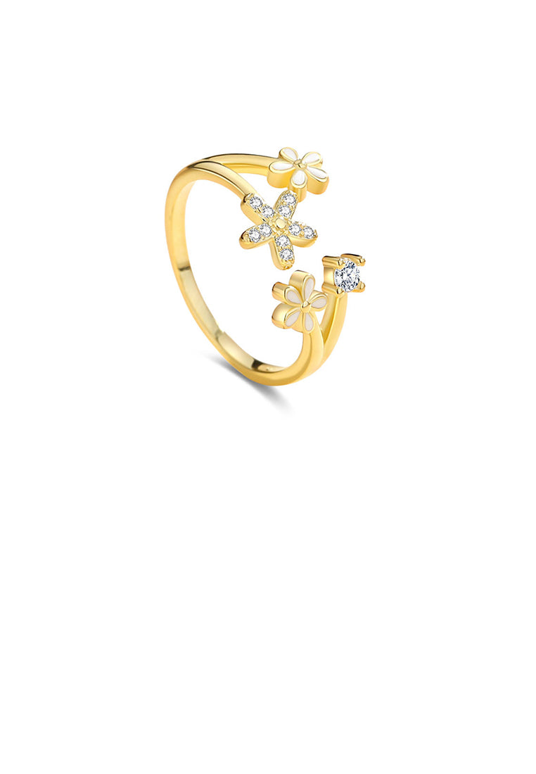 925 Sterling Silver Plated Gold Fashion Simple Flower Adjustable Open Ring With Cubic Zirconia - Luxurious Look
