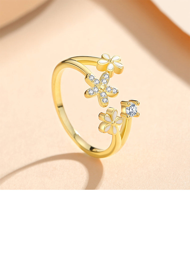 925 Sterling Silver Plated Gold Fashion Simple Flower Adjustable Open Ring With Cubic Zirconia - Luxurious Look