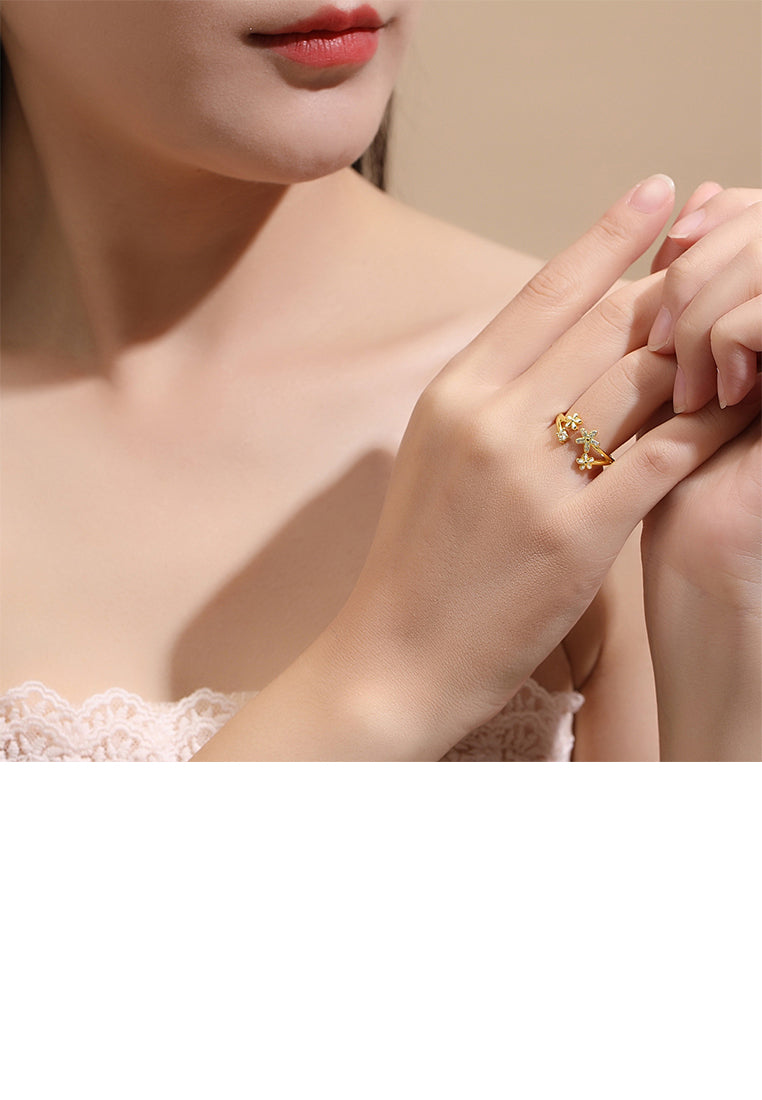 925 Sterling Silver Plated Gold Fashion Simple Flower Adjustable Open Ring With Cubic Zirconia - Luxurious Look