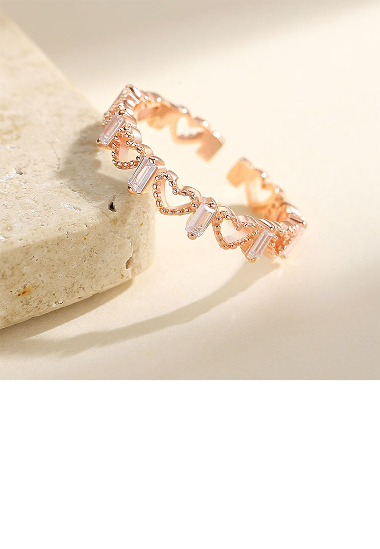 925 Sterling Silver Plated Rose Gold Fashionable Simple Hollow Heart Geometric Adjustable Open Ring with Cubic Zirconia - Luxurious Look