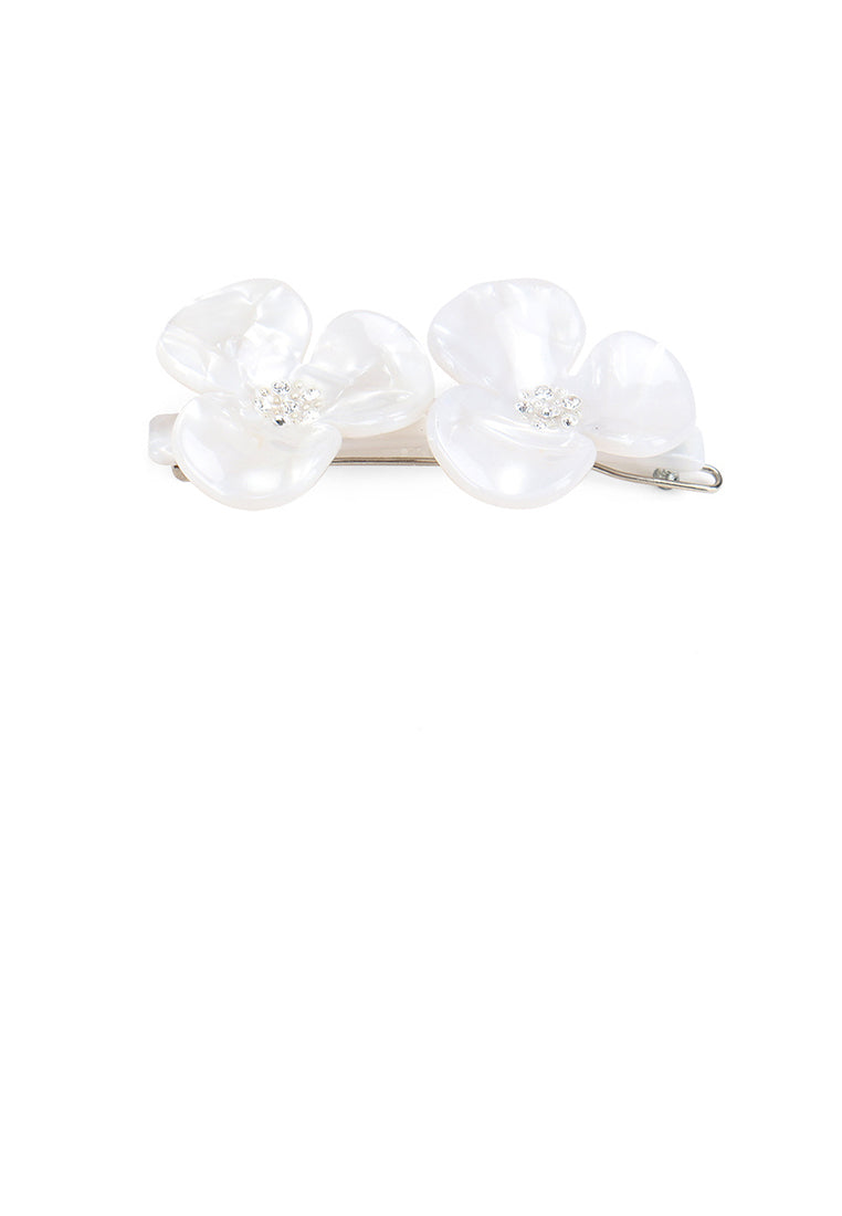 Fashion And Elegant White Double Flower Hair Clip With Cubic Zirconia - Luxurious Look