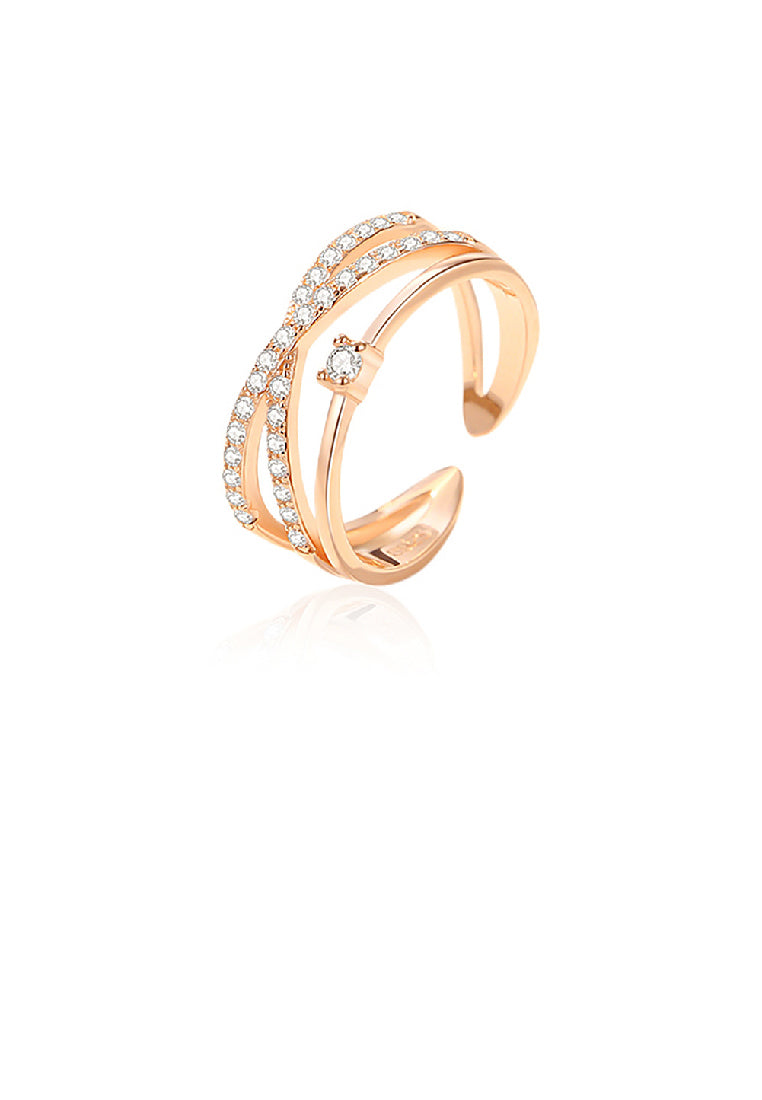 925 Sterling Silver Plated Rose Gold Simple Personality Cross Multi-layer Geometric Adjustable Open Ring with Cubic Zirconia - Luxurious Look