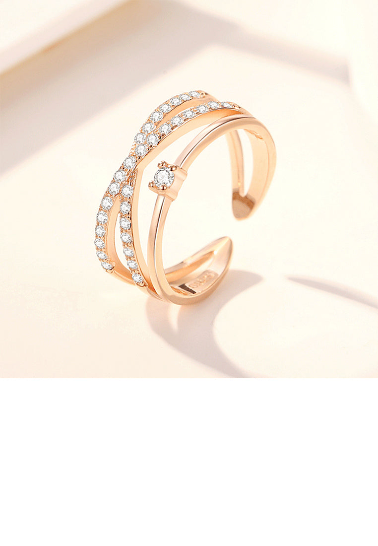 925 Sterling Silver Plated Rose Gold Simple Personality Cross Multi-layer Geometric Adjustable Open Ring with Cubic Zirconia - Luxurious Look