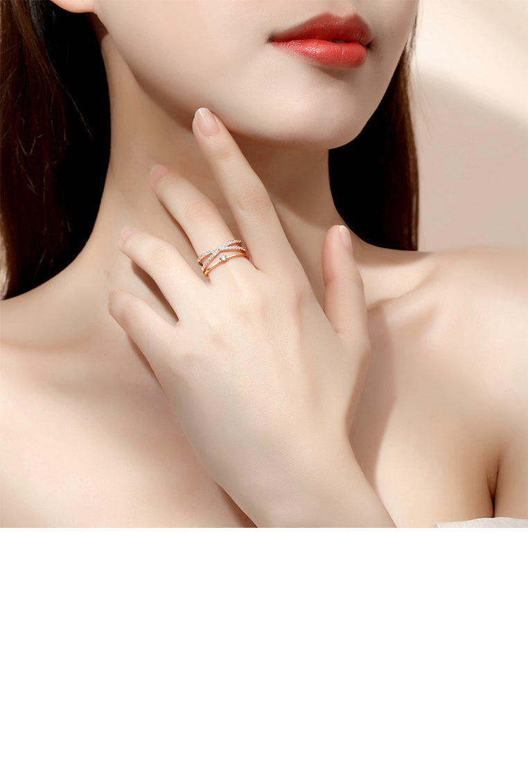 925 Sterling Silver Plated Rose Gold Simple Personality Cross Multi-layer Geometric Adjustable Open Ring with Cubic Zirconia - Luxurious Look