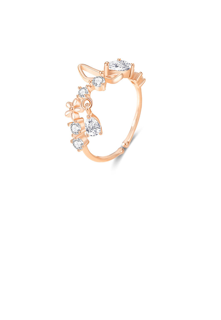 925 Sterling Silver Plated Rose Gold Fashion Butterfly Flower Adjustable Open Ring with Cubic Zirconia - Luxurious Look