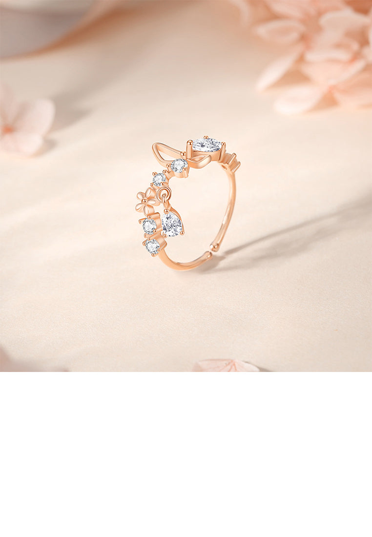 925 Sterling Silver Plated Rose Gold Fashion Butterfly Flower Adjustable Open Ring with Cubic Zirconia - Luxurious Look
