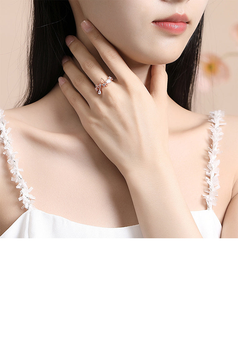 925 Sterling Silver Plated Rose Gold Fashion Butterfly Flower Adjustable Open Ring with Cubic Zirconia - Luxurious Look