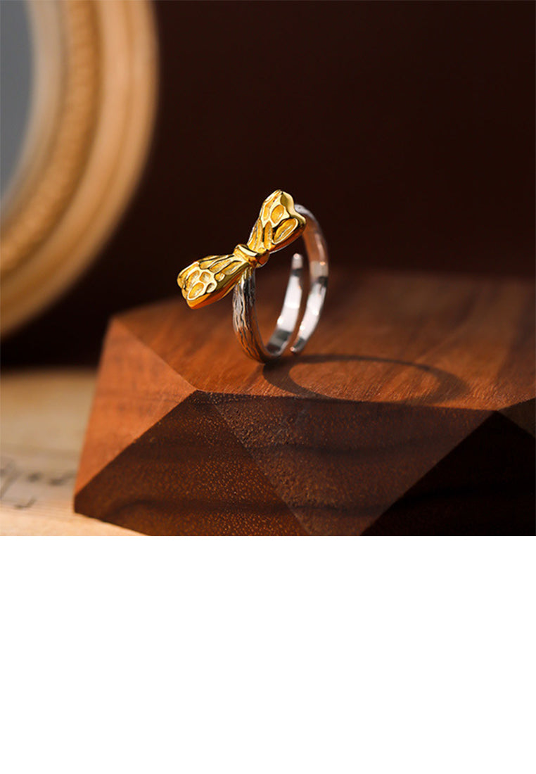 925 Sterling Silver Simple Sweet Golden Ribbon Adjustable Open Ring