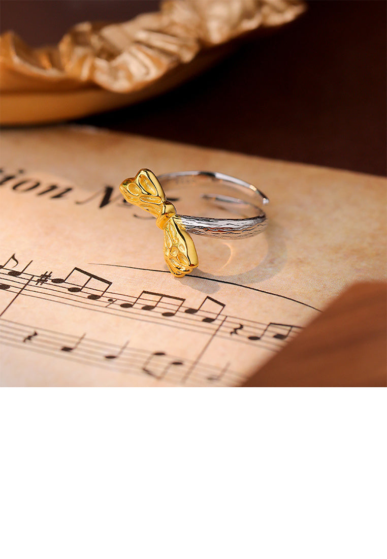 925 Sterling Silver Simple Sweet Golden Ribbon Adjustable Open Ring