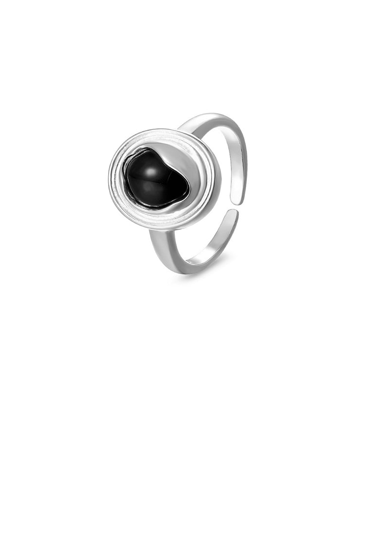 925 Sterling Silver Simple and Fashion Black Imitation Agate Geometric Oval Adjustable Open Ring