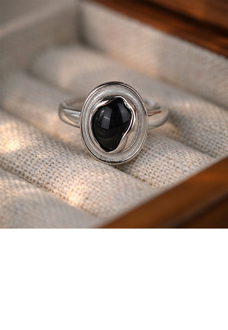 925 Sterling Silver Simple and Fashion Black Imitation Agate Geometric Oval Adjustable Open Ring