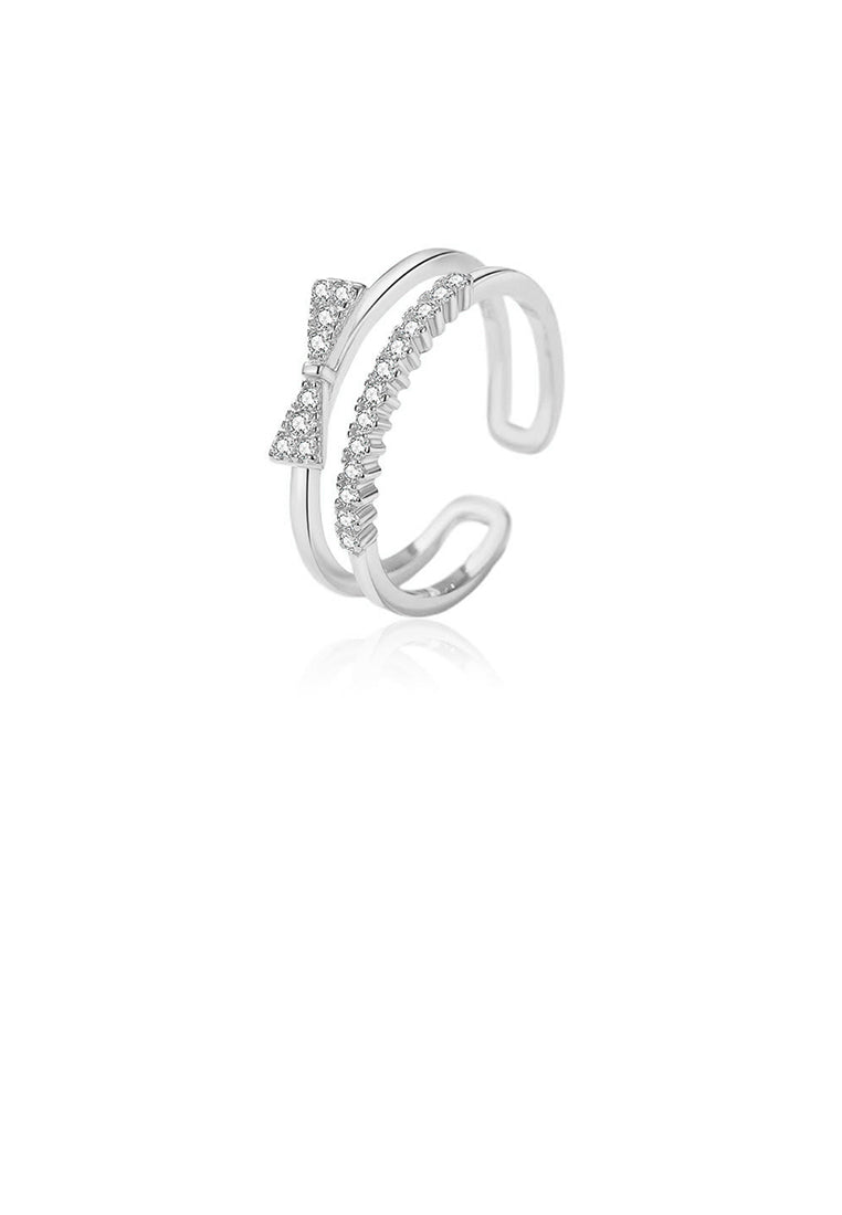925 Sterling Silver Simple Sweet Ribbon Double Layer Adjustable Open Ring with Cubic Zirconia - Luxurious Look