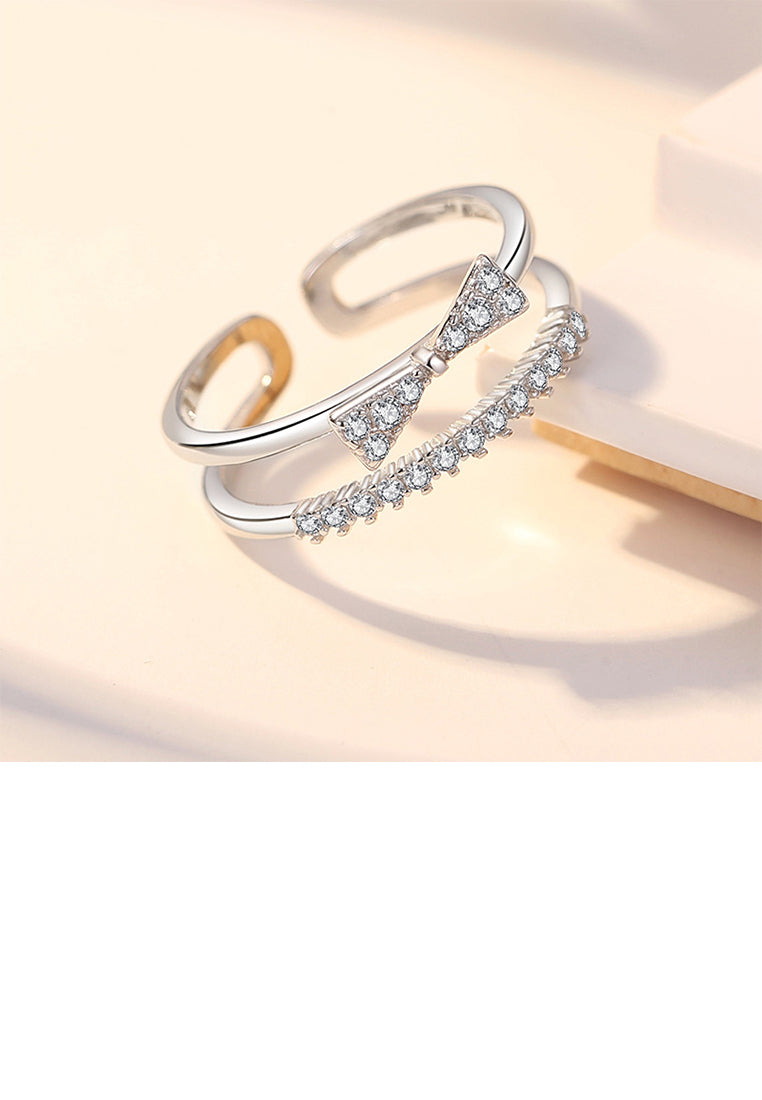 925 Sterling Silver Simple Sweet Ribbon Double Layer Adjustable Open Ring with Cubic Zirconia - Luxurious Look