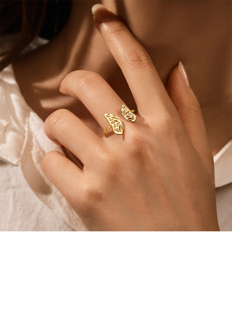 925 Sterling Silver Plated Gold Simple Temperament Hollow Butterfly Adjustable Open Ring