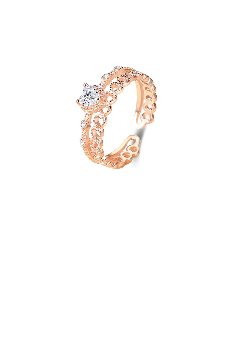 925 Sterling Silver Plated Rose Gold Fashion Hollow Heart-shaped Double-layer Adjustable Open Ring with Cubic Zirconia - Luxurious Look
