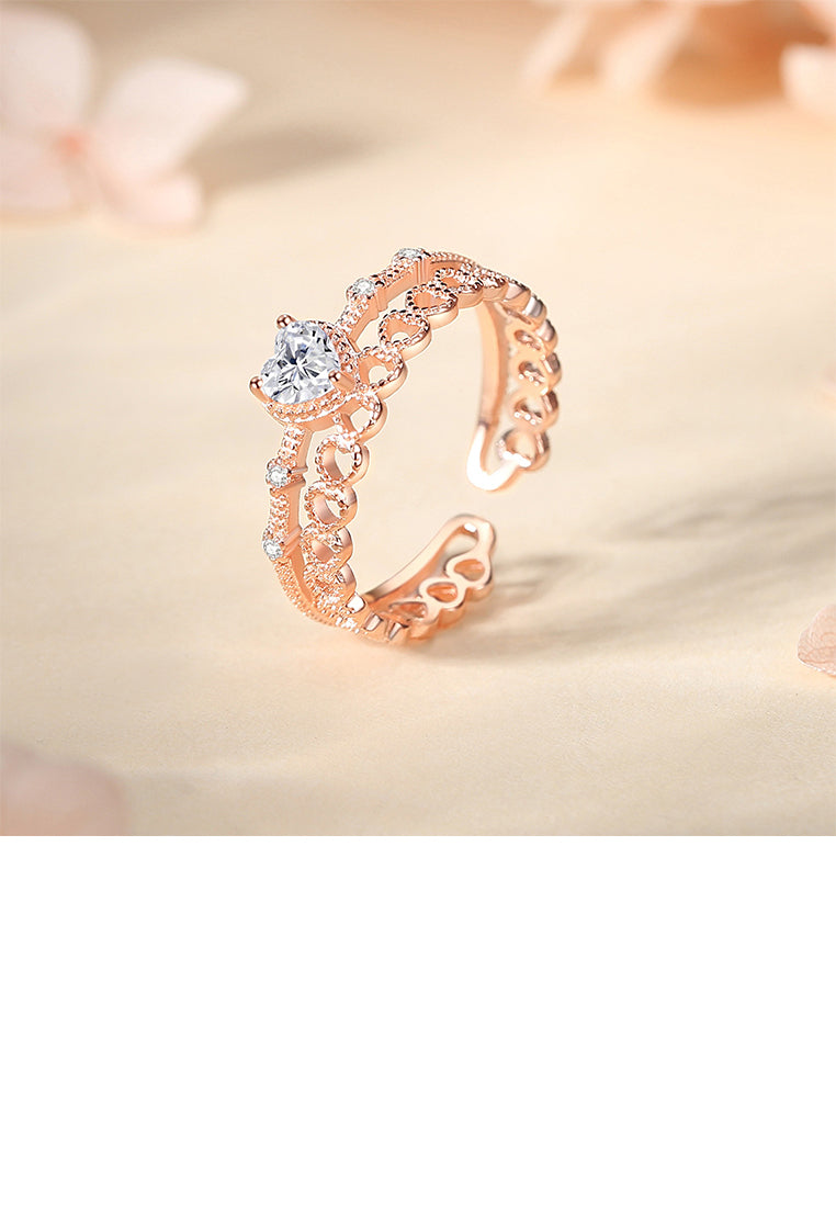 925 Sterling Silver Plated Rose Gold Fashion Hollow Heart-shaped Double-layer Adjustable Open Ring with Cubic Zirconia - Luxurious Look