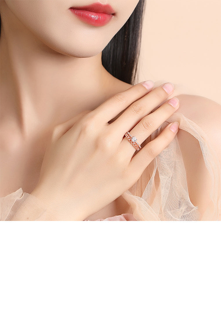 925 Sterling Silver Plated Rose Gold Fashion Hollow Heart-shaped Double-layer Adjustable Open Ring with Cubic Zirconia - Luxurious Look