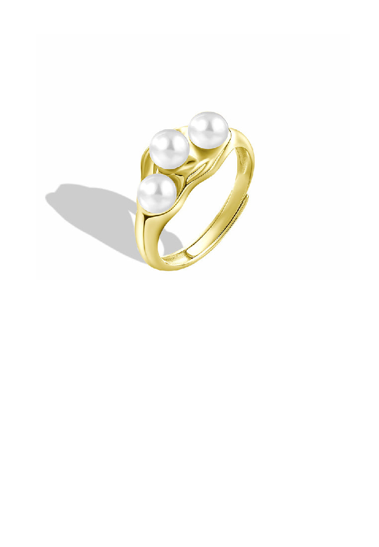 925 Sterling Silver Plated Gold Simple Personality Irregular Geometric Adjustable Ring with White Freshwater Pearls