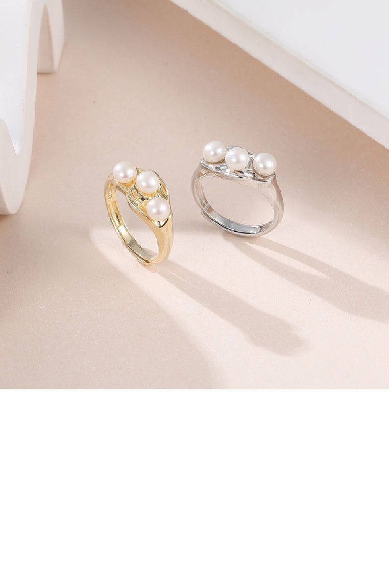 925 Sterling Silver Plated Gold Simple Personality Irregular Geometric Adjustable Ring with White Freshwater Pearls