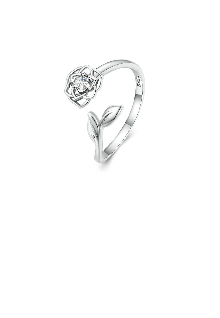 925 Sterling Silver Fashion Elegant Hollow Camellia Adjustable Open Ring with Cubic Zirconia - Luxurious Look