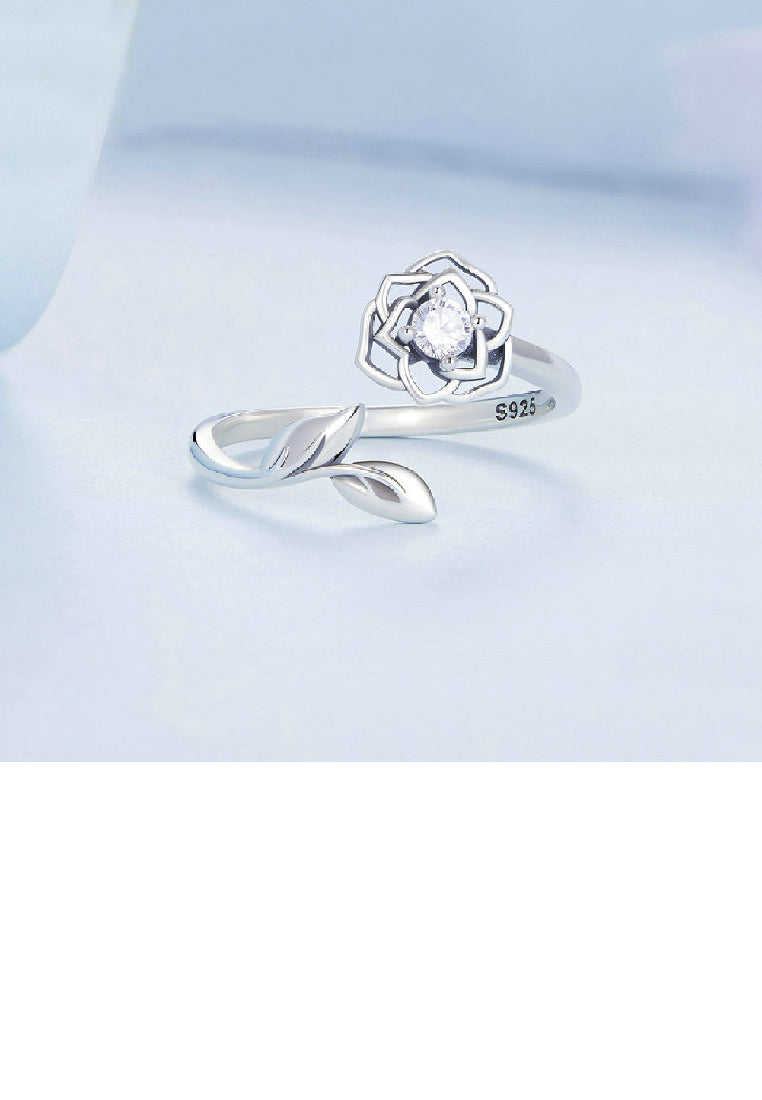 925 Sterling Silver Fashion Elegant Hollow Camellia Adjustable Open Ring with Cubic Zirconia - Luxurious Look