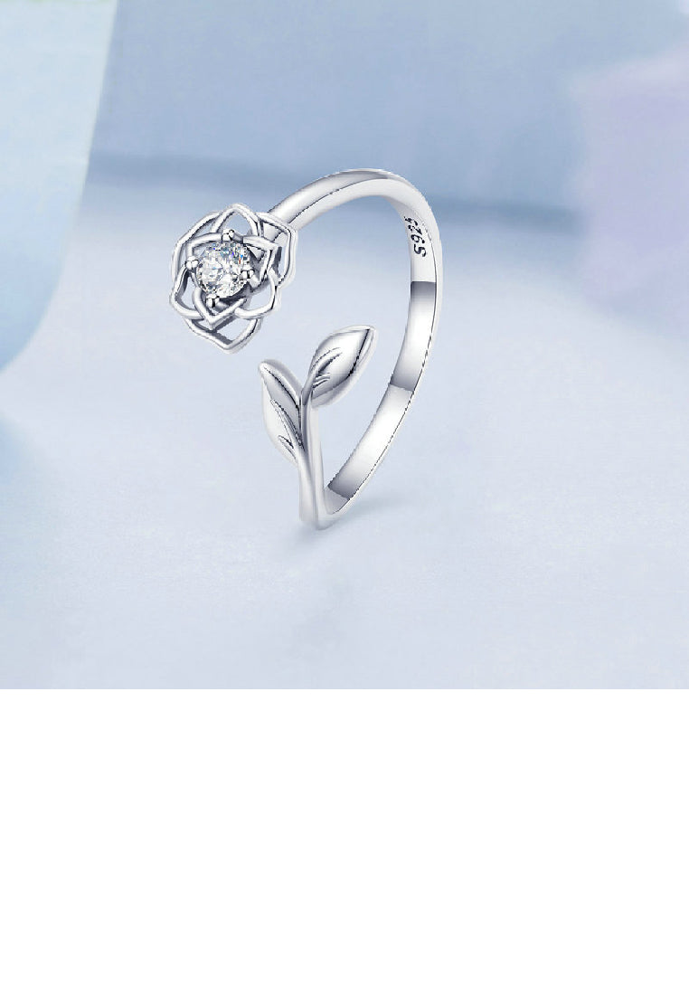 925 Sterling Silver Fashion Elegant Hollow Camellia Adjustable Open Ring with Cubic Zirconia - Luxurious Look
