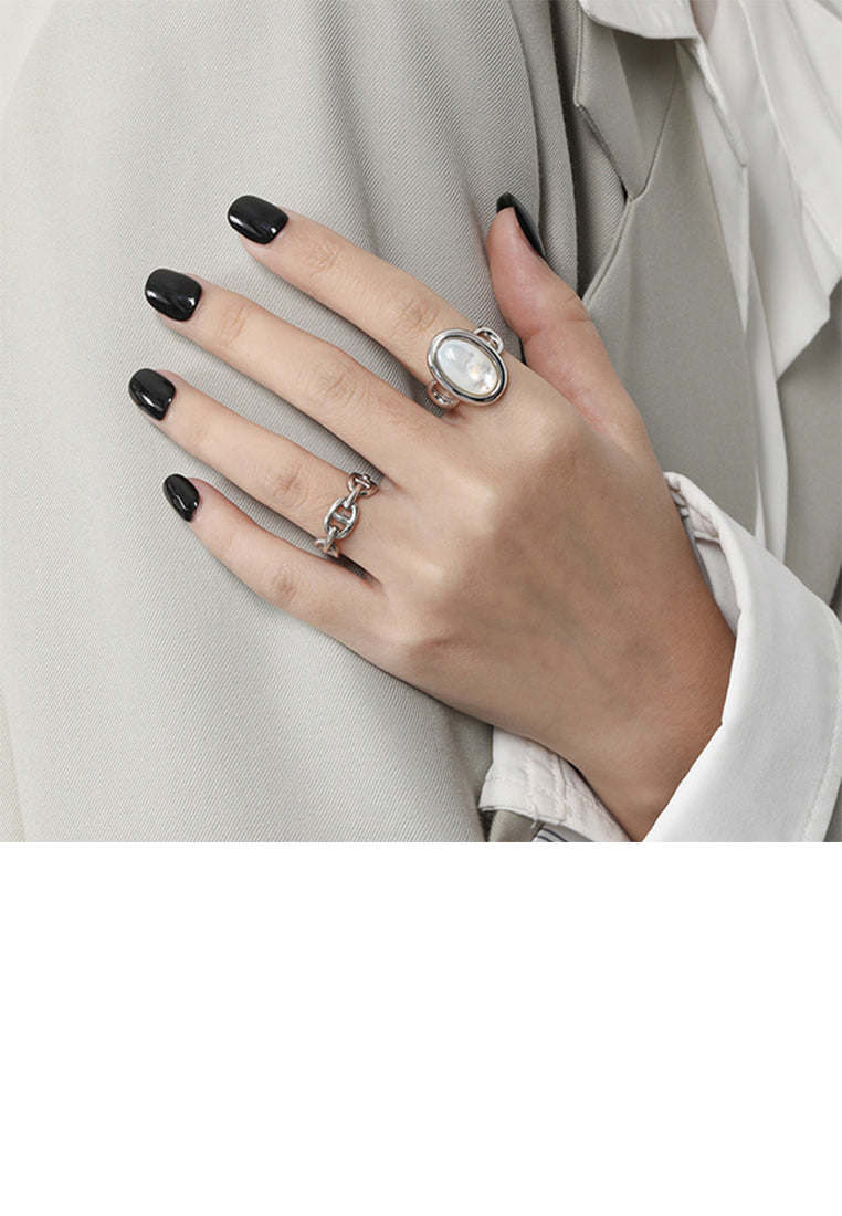 925 Sterling Silver Fashion Personality Geometric Oval Shell Adjustable Open Ring