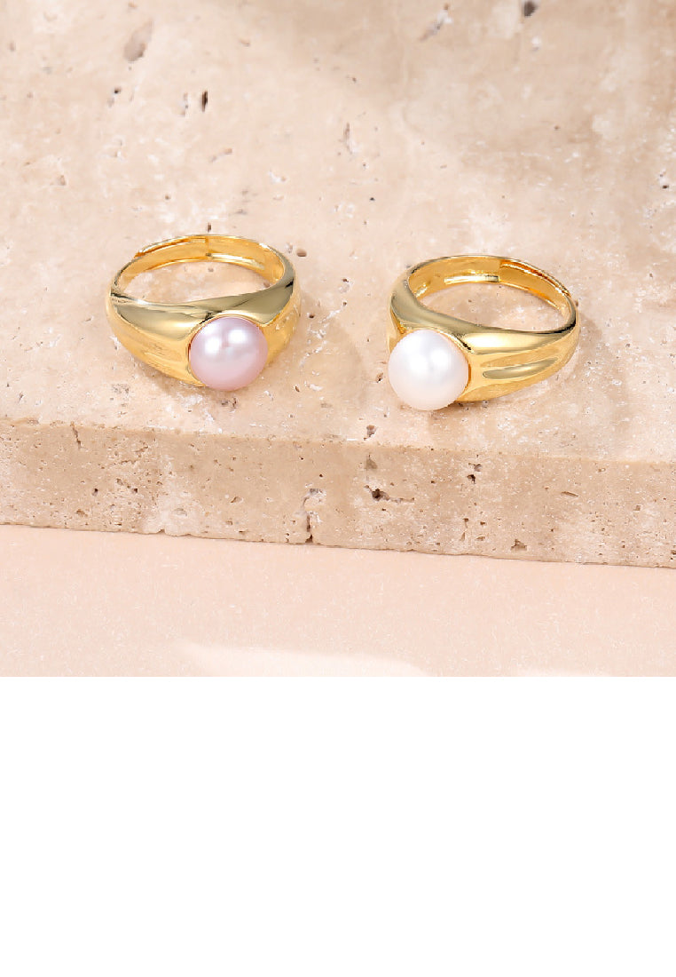 925 Sterling Silver Plated Gold Simple Personality Geometric Purple Freshwater Pearl Adjustable Ring - Luxurious Look