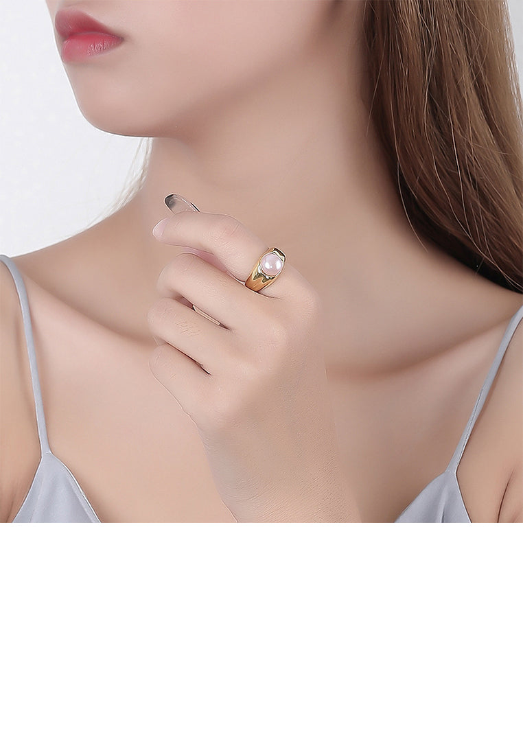 925 Sterling Silver Plated Gold Simple Personality Geometric Purple Freshwater Pearl Adjustable Ring - Luxurious Look