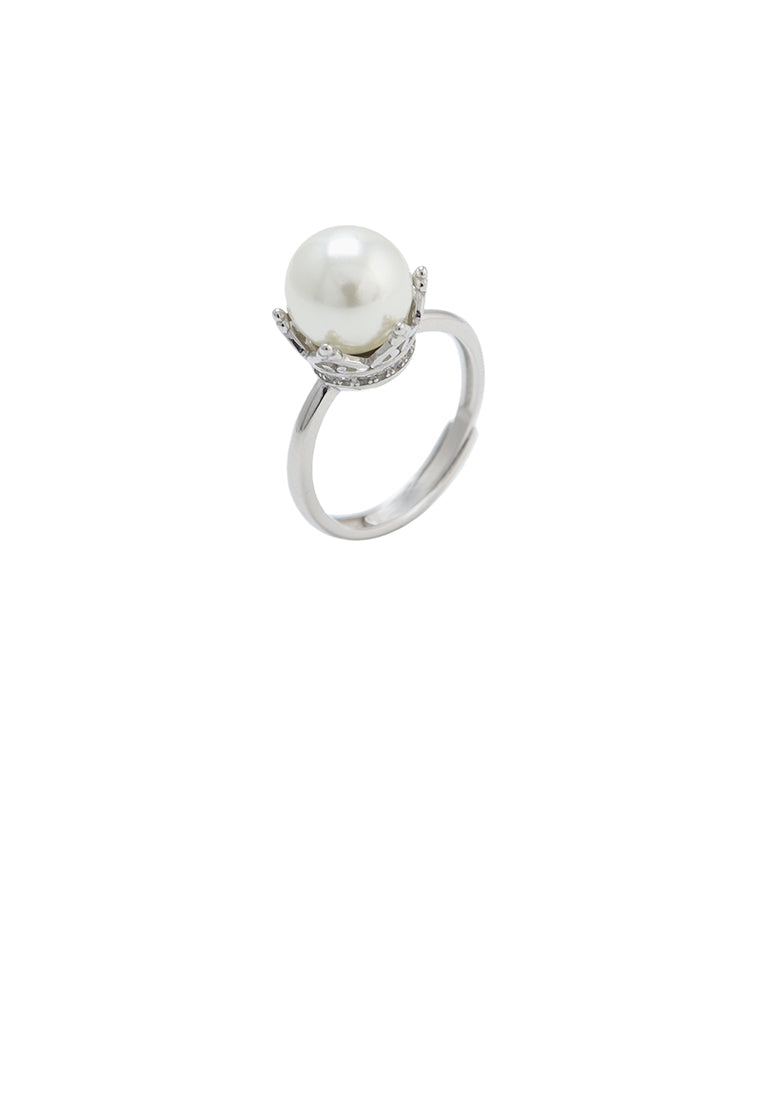 925 Sterling Silver Fashion Elegant Crown White Freshwater Pearl Adjustable Ring - Luxurious Look